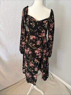 Forever 21 Black Floral Long-Sleeve Midi Dress with Pink Roses